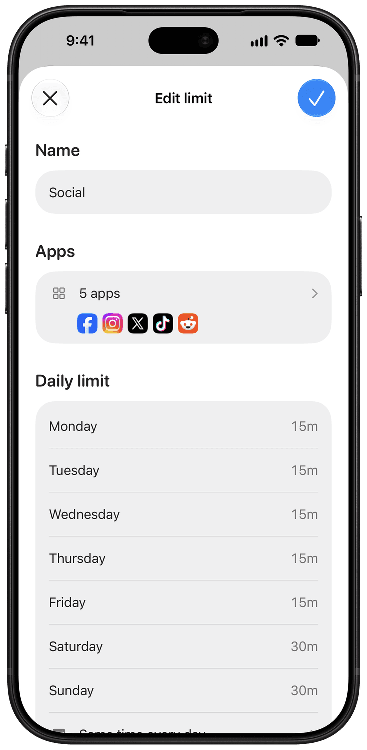 Editing a limit named Social: five apps (Facebook, Instagram, X, TikTok and Reddit), and a daily limit of 15 minutes Monday to Friday and 30 minutes on Saturday and Sunday.